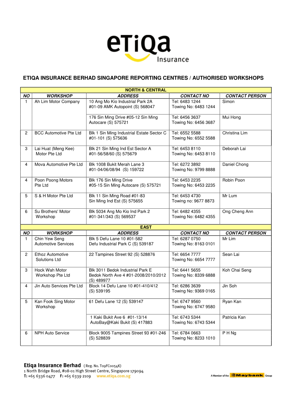 Etiqa Insurance Berhad Singapore Reporting Centres / Authorised Workshops