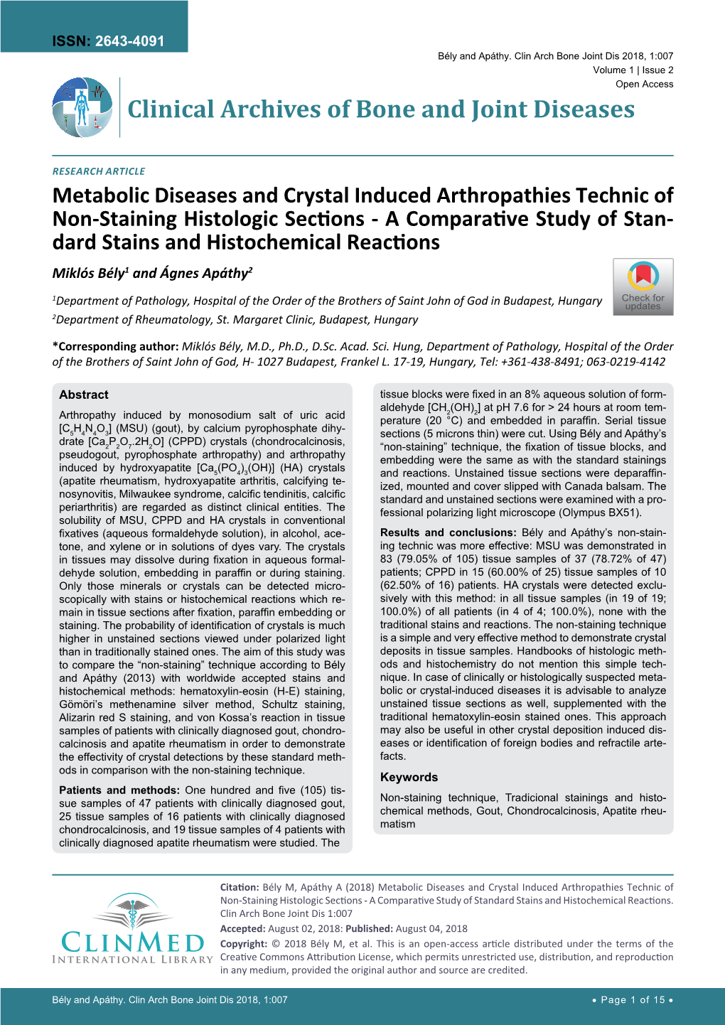 Metabolic Diseases and Crystal Induced Arthropathies Technic of Non-Staining Histologic Sections