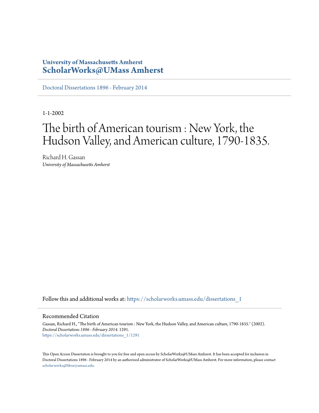 The Birth of American Tourism : New York, the Hudson Valley, and American Culture, 1790-1835