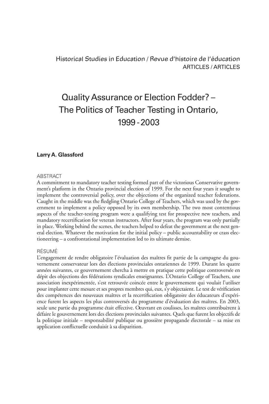 The Politics of Teacher Testing in Ontario, 1999-2003