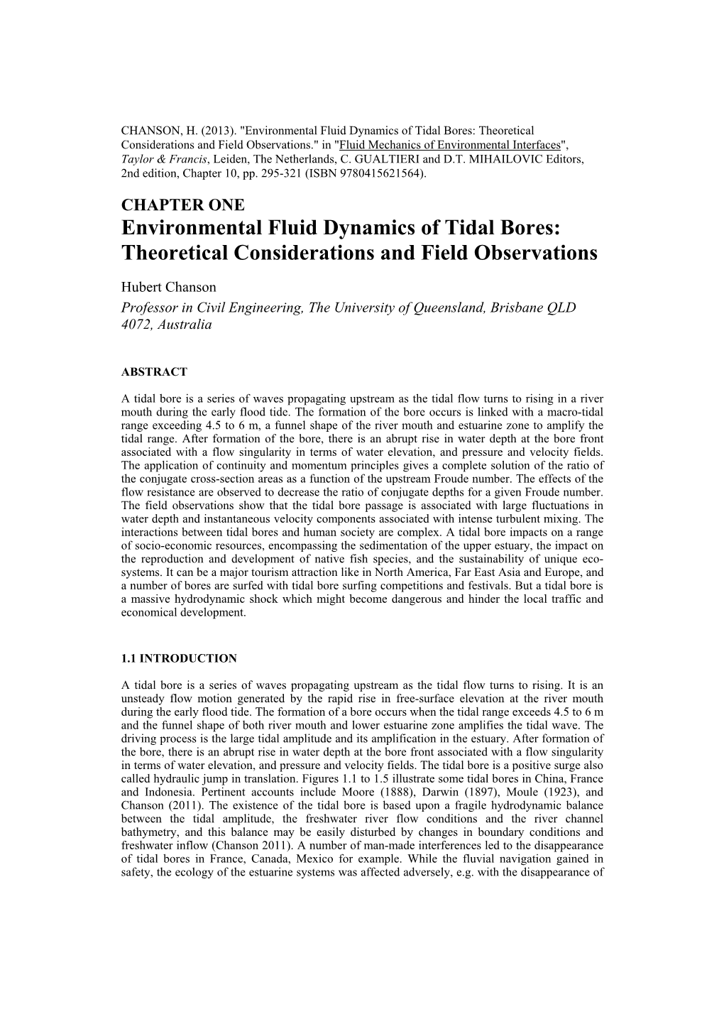 Environmental Fluid Dynamics of Tidal Bores: Theoretical Considerations