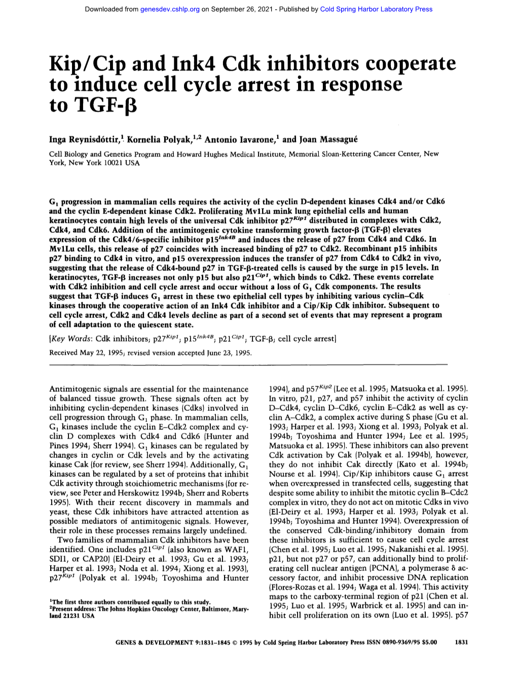 Kip/Cip and Ink4 Cdk Inhibitors Cooperate to Induce Cell Cycle Arrest in Response to TGF-[3