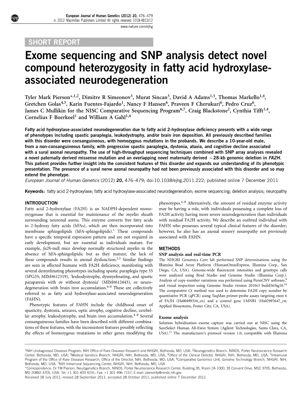 Exome Sequencing and SNP Analysis Detect Novel Compound Heterozygosity in Fatty Acid Hydroxylase-Associated Neurodegeneration