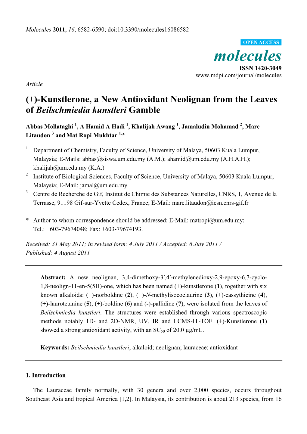 (+)-Kunstlerone, a New Antioxidant Neolignan from the Leaves of Beilschmiedia Kunstleri Gamble