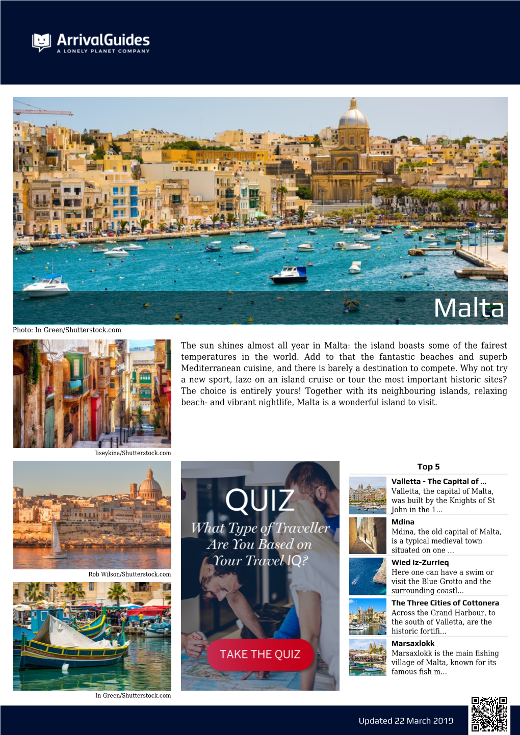 Updated 22 March 2019 the Sun Shines Almost All Year in Malta: the Island Boasts Some of the Fairest Temperatures in the World