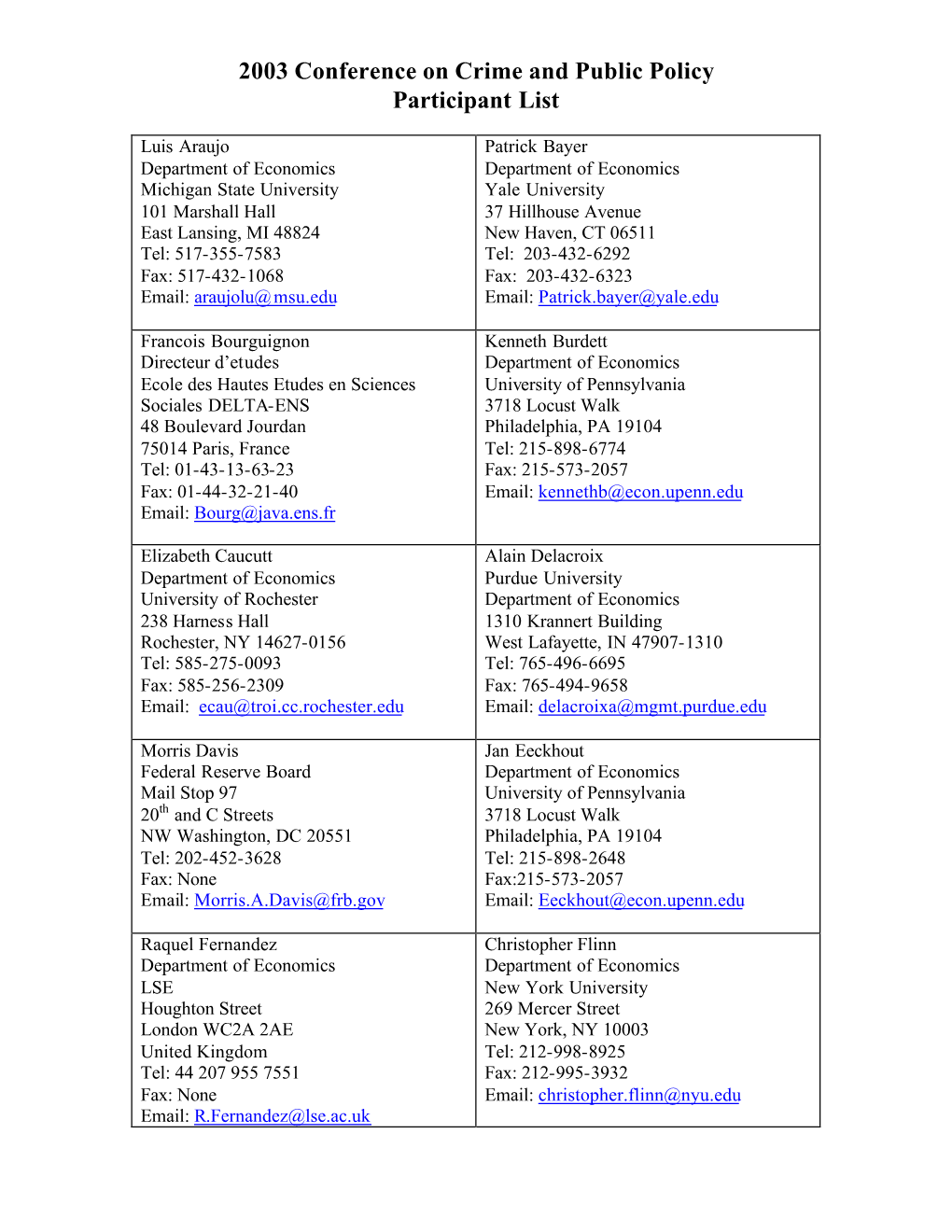 2003 Conference on Crime and Public Policy Participant List