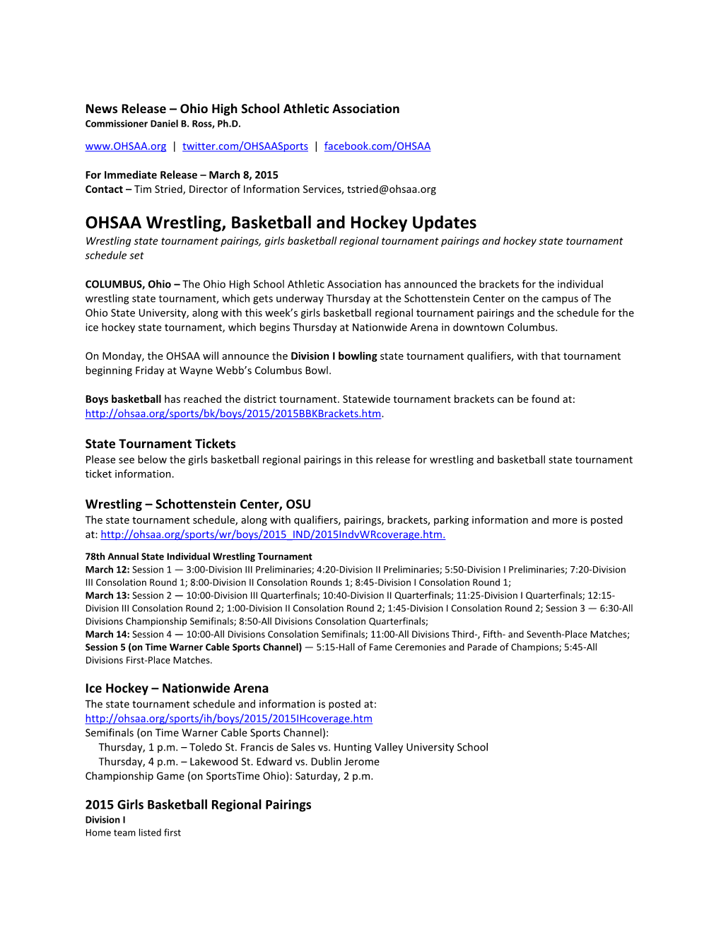 OHSAA Wrestling, Basketball and Hockey Updates