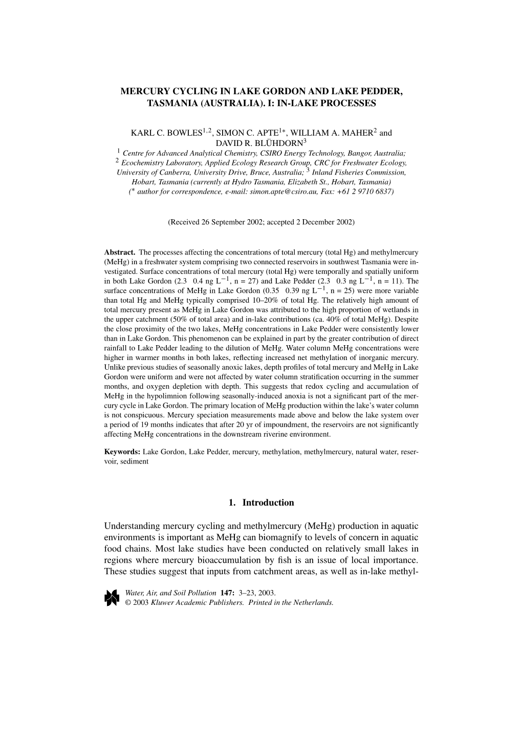 Mercury Cycling in Lake Gordon and Lake Pedder, Tasmania (Australia). I: In-Lake Processes