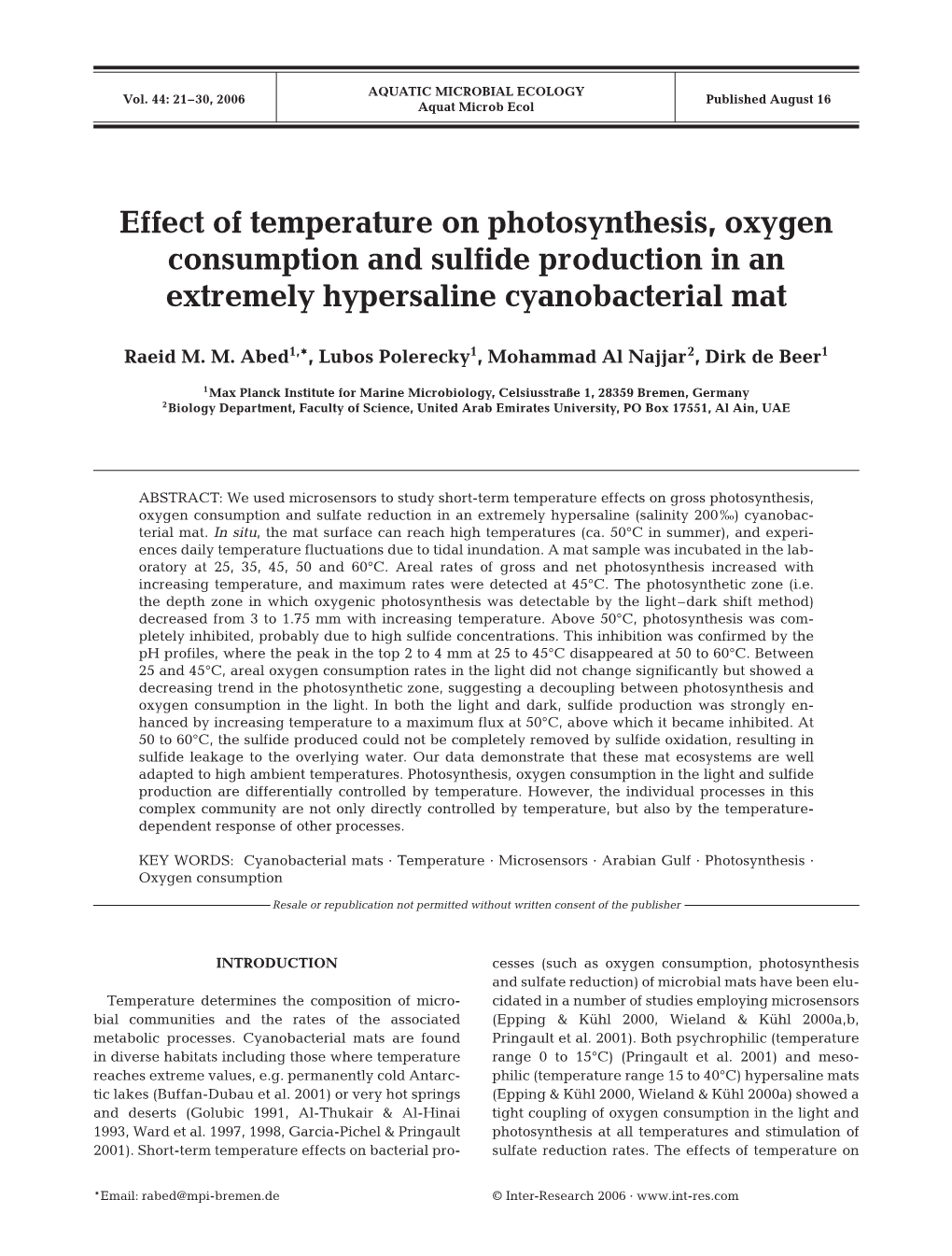 Effect of Temperature on Photosynthesis, Oxygen Consumption and Sulfide Production in an Extremely Hypersaline Cyanobacterial Mat