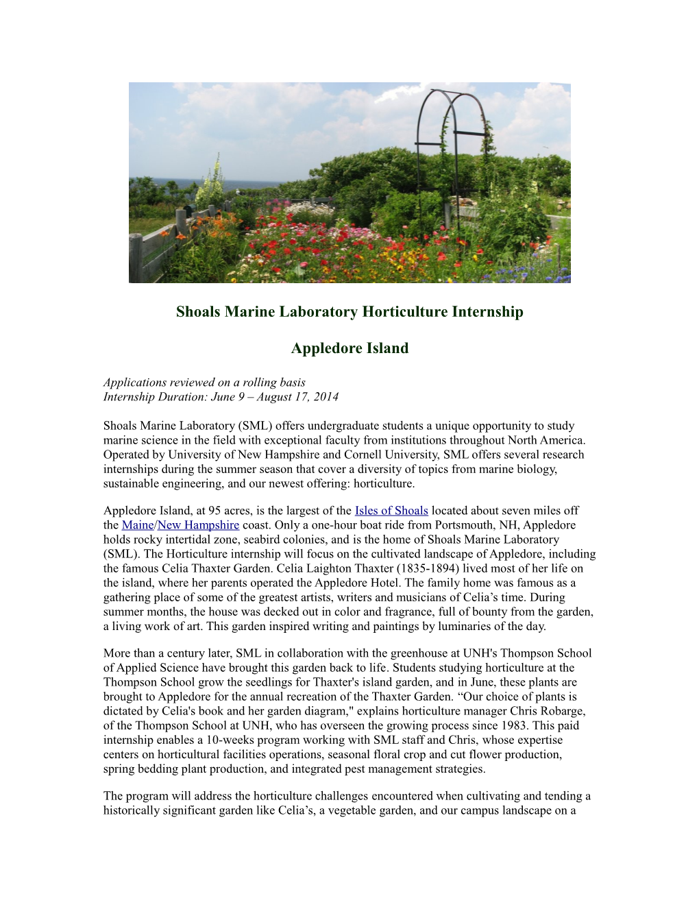 Shoals Marine Laboratory Horticulture Internship Appledore Island