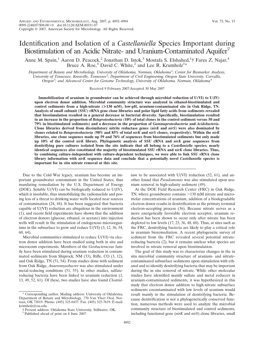 Identification and Isolation of a Castellaniella Species Important During Biostimulation of an Acidic Nitrate