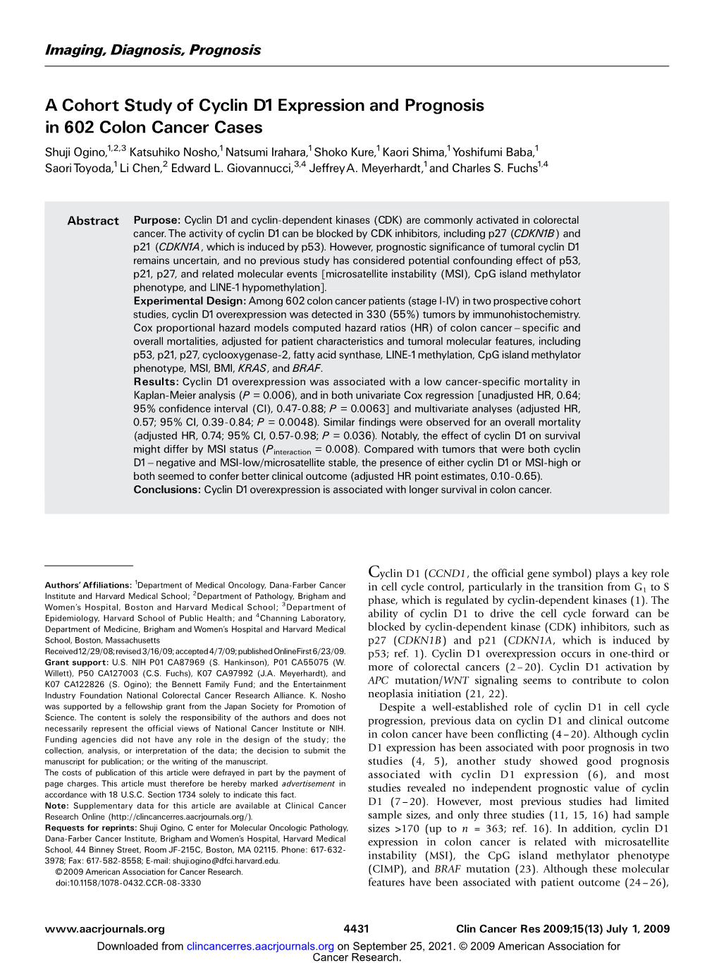 A Cohort Study of Cyclin D1expression and Prognosis In