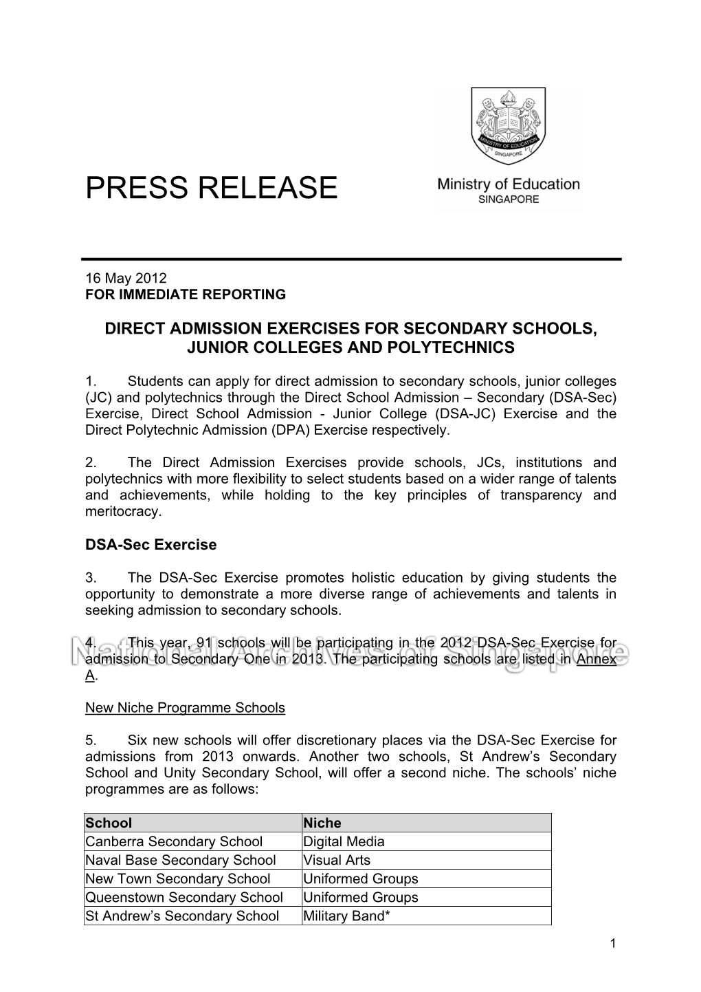 2012 Press Release on Dsa-Sec Dsa-Jc and Dpa Exercises