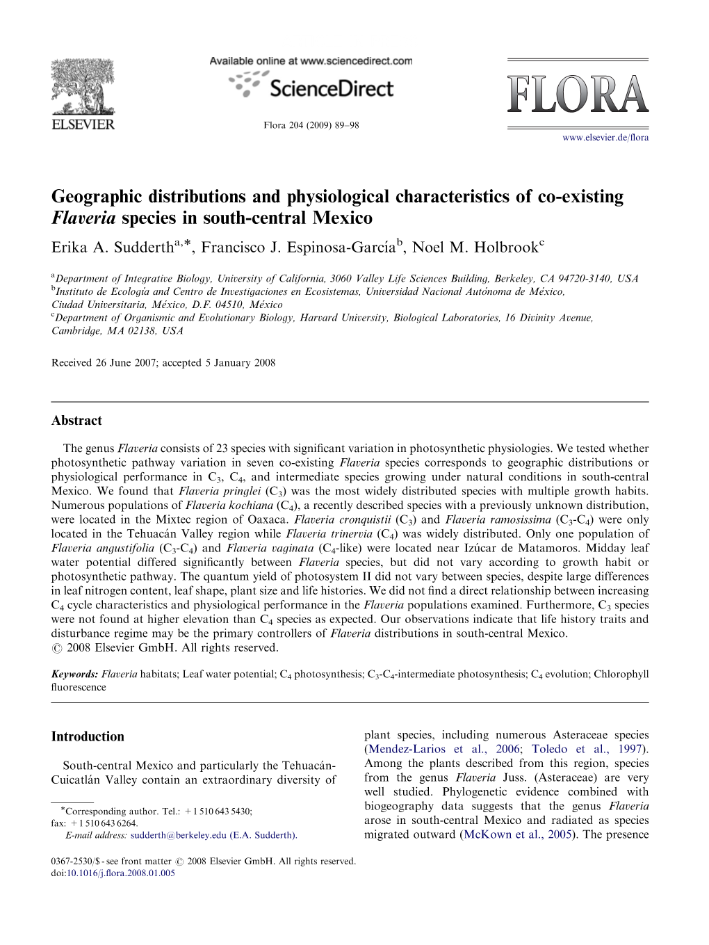 Geographic Distributions and Physiological Characteristics of Co-Existing Flaveria Species in South-Central Mexico Erika A