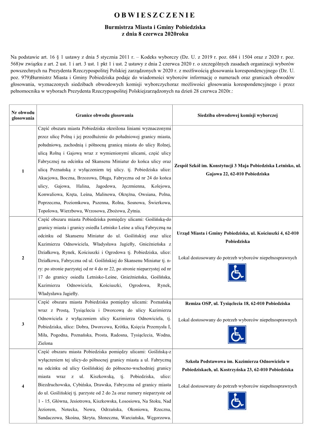 OBWIESZCZENIE Burmistrza Miasta I Gminy Pobiedziska Z Dnia 8 Czerwca 2020Roku