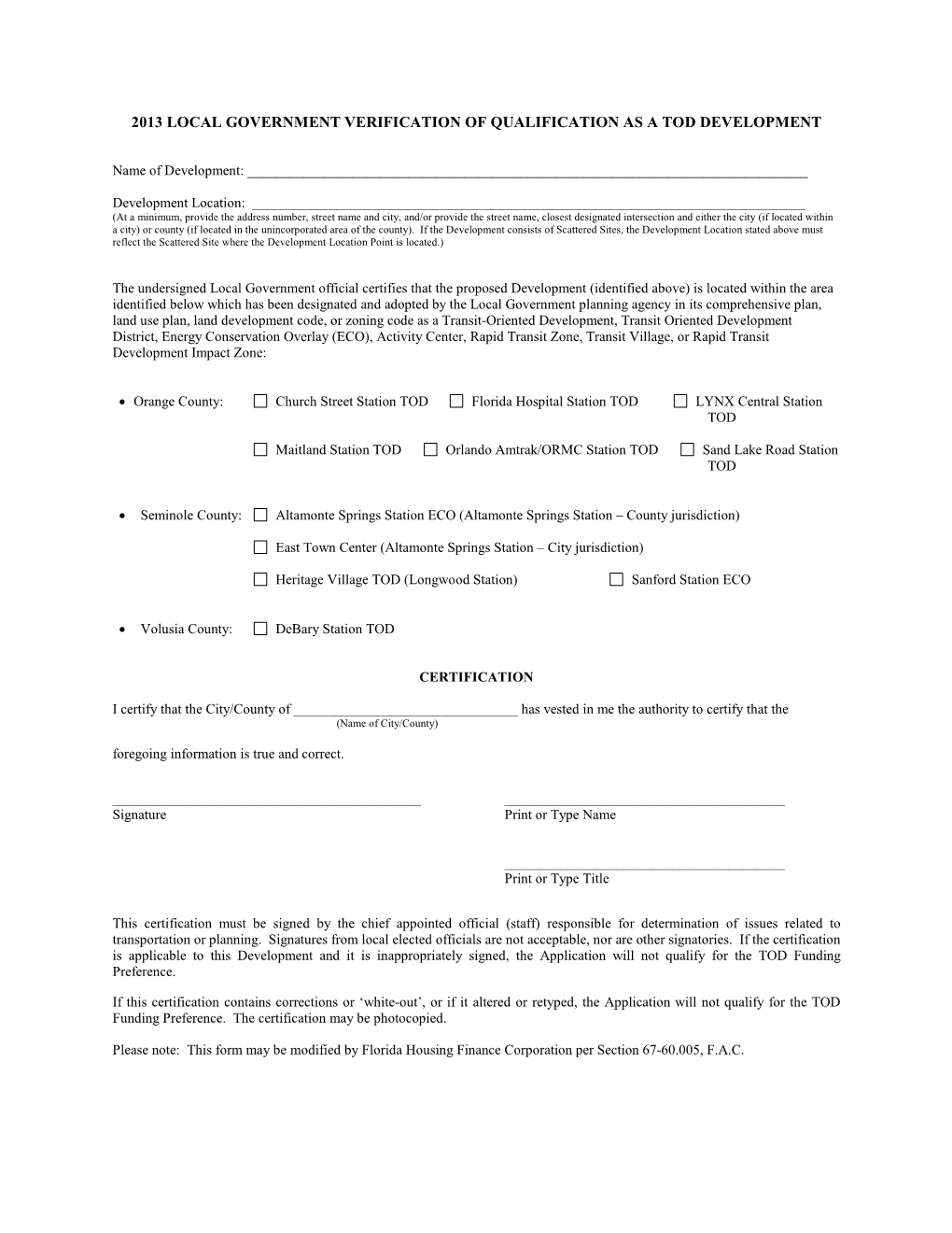 2013 Local Government Verification of Qualification As a Tod Development