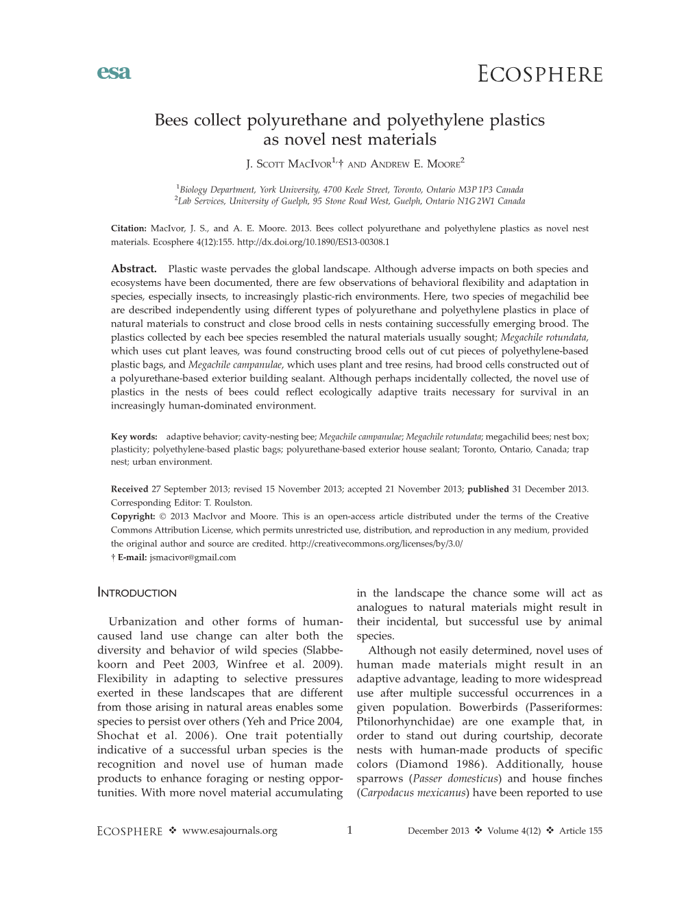 Bees Collect Polyurethane and Polyethylene Plastics As Novel Nest Materials 1, 2 J