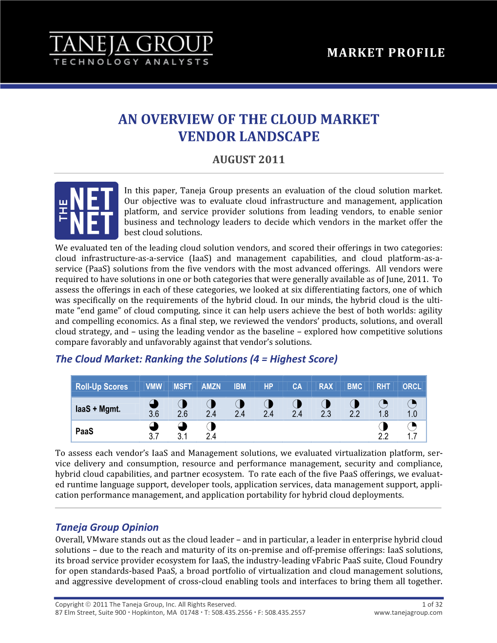 An Overview of the Cloud Market Vendor Landscape August 2011