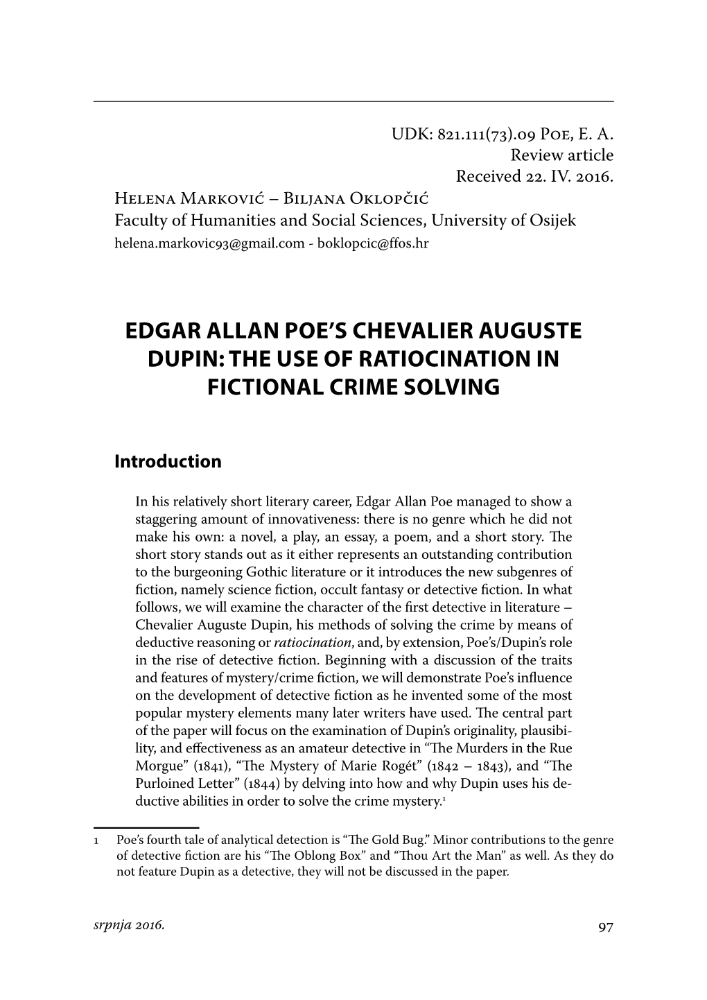 Edgar Allan Poe's Chevalier Auguste Dupin