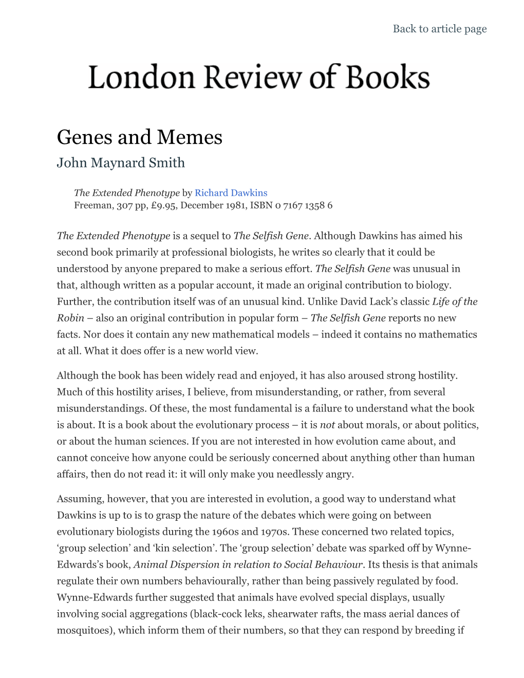 John Maynard Smith Reviews 'The Extended Phenotype' by Richard