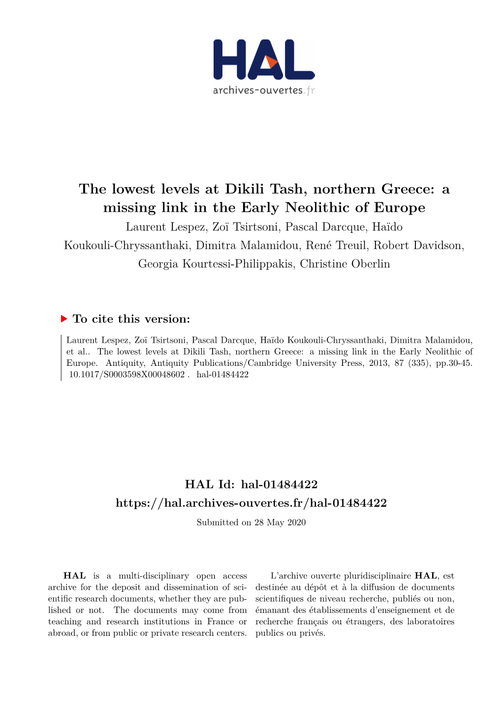 The Lowest Levels at Dikili Tash, Northern Greece: a Missing Link In