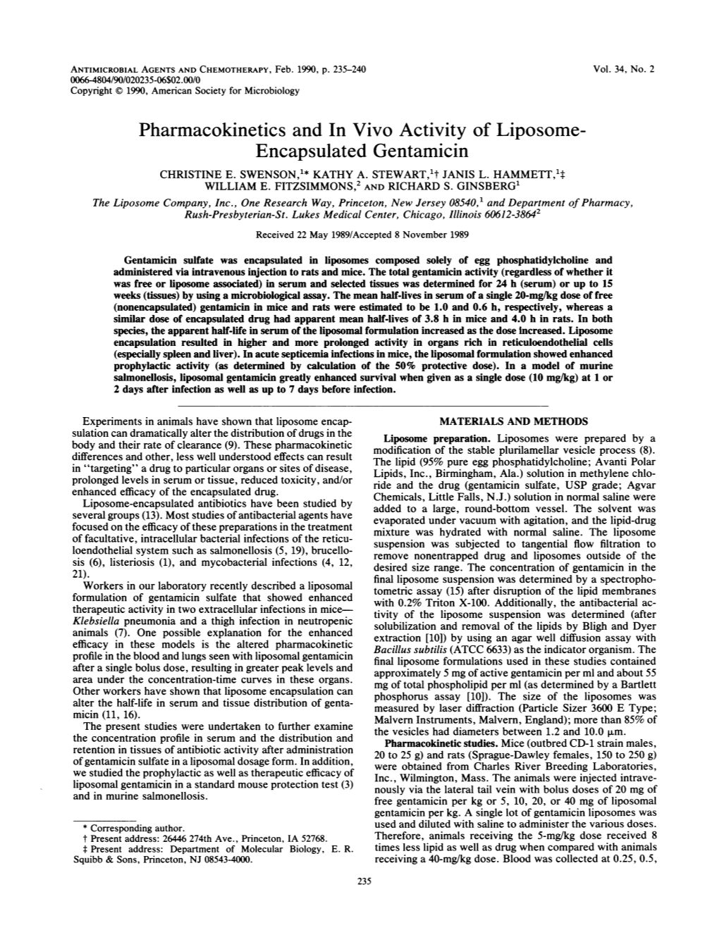 Pharmacokinetics and in Vivo Activity of Liposome- Encapsulated Gentamicin CHRISTINE E