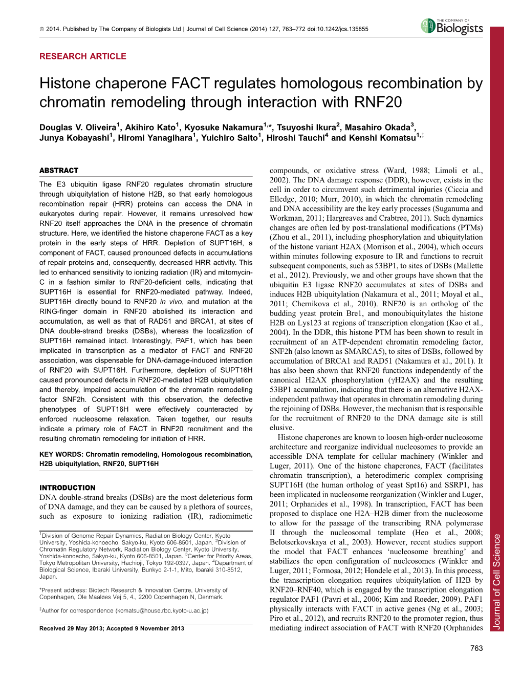 Histone Chaperone FACT Regulates Homologous Recombination By