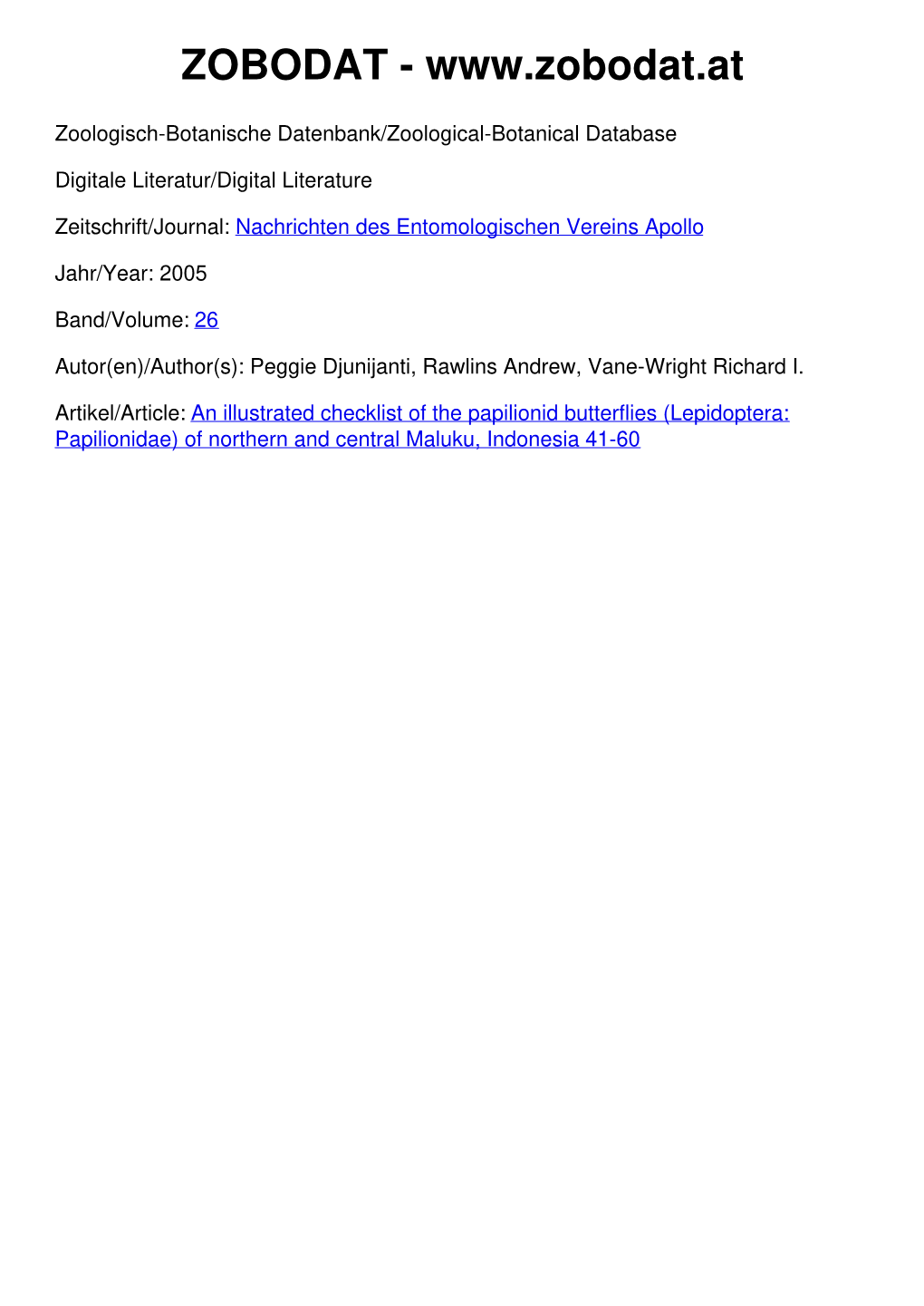 An Illustrated Checklist of the Papilionid Butterflies (Lepidoptera: Papilionidae) of Northern and Central Maluku, Indonesia 41-60 Nachr