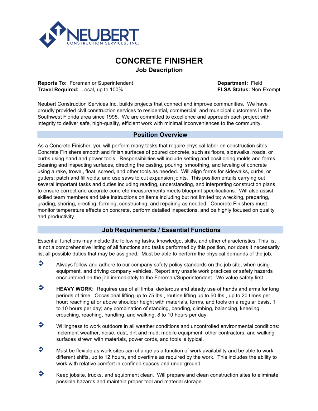 CONCRETE FINISHER Job Description