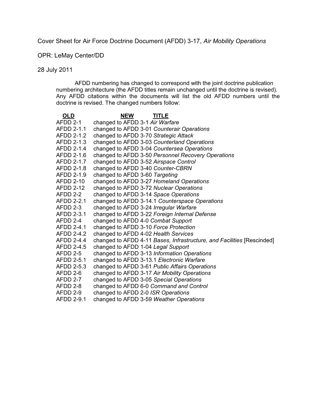 Cover Sheet for Air Force Doctrine Document (AFDD) 3-17, Air Mobility Operations