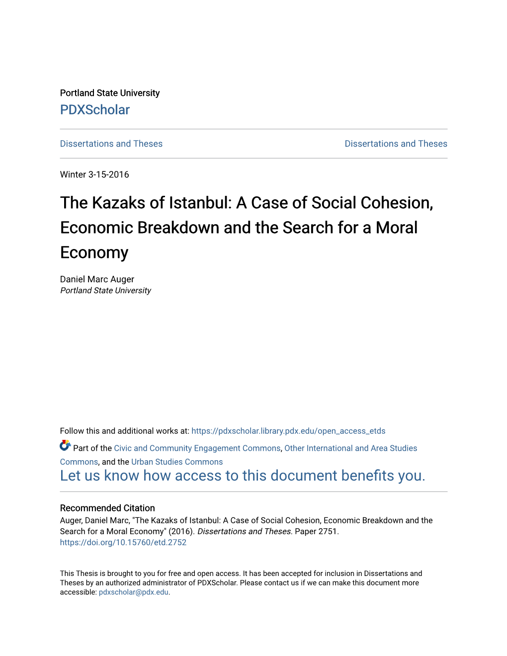 The Kazaks of Istanbul: a Case of Social Cohesion, Economic Breakdown and the Search for a Moral Economy