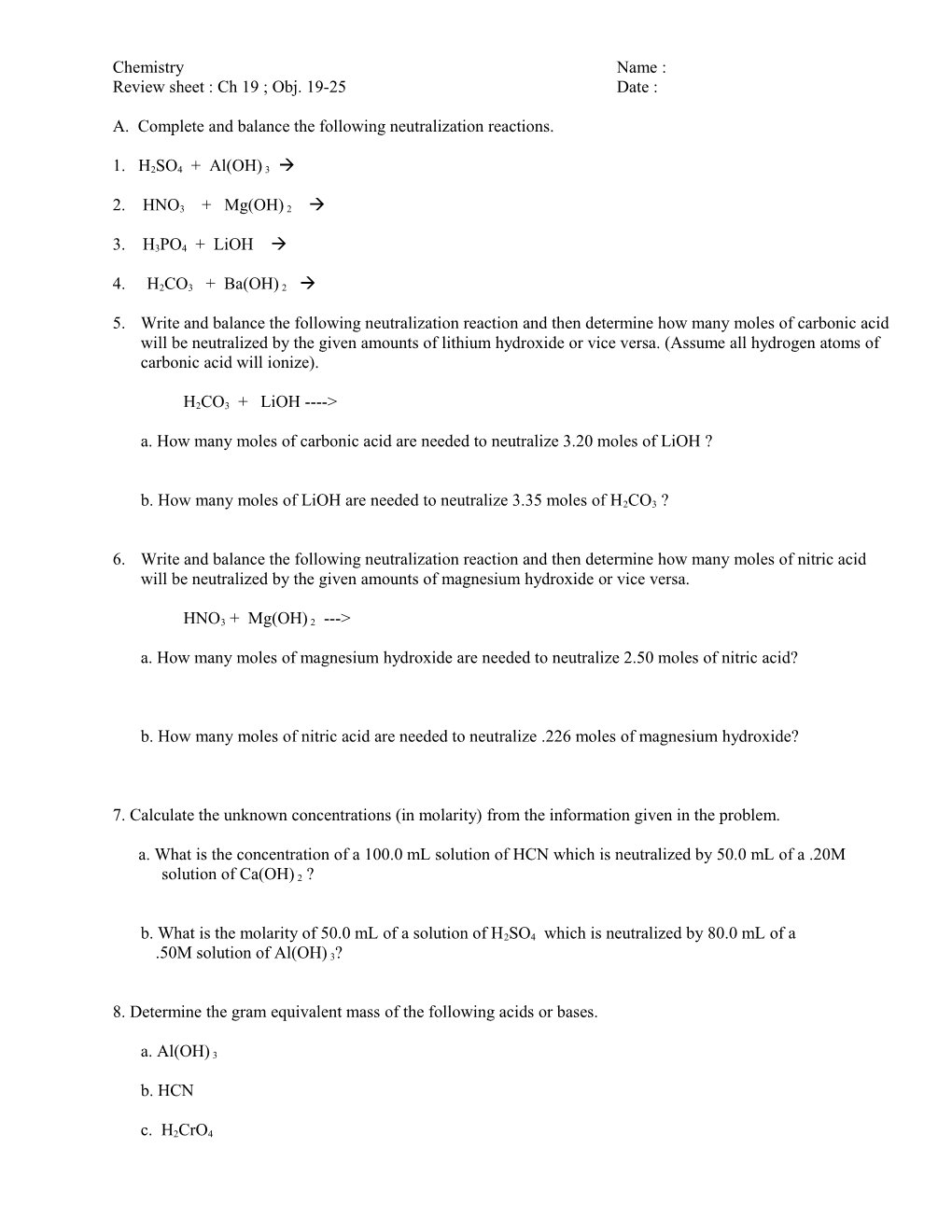 Review Sheet : Ch 19 ; Obj. 19-25 Date