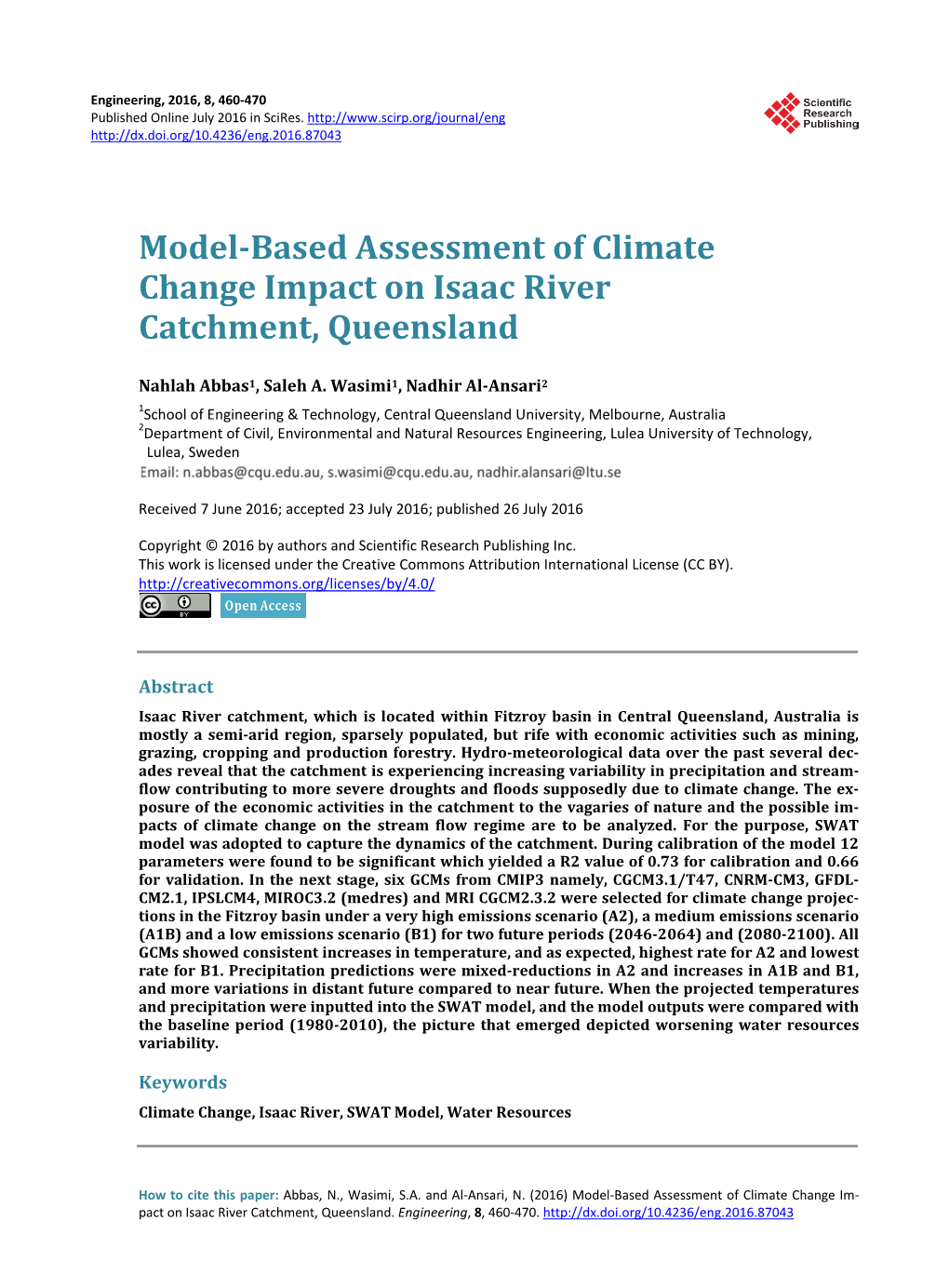 Model-Based Assessment of Climate Change Impact on Isaac River Catchment, Queensland