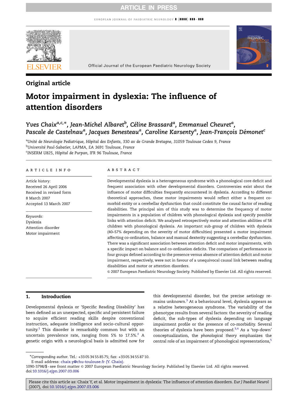 Motor Impairment in Dyslexia: the Inﬂuence of Attention Disorders