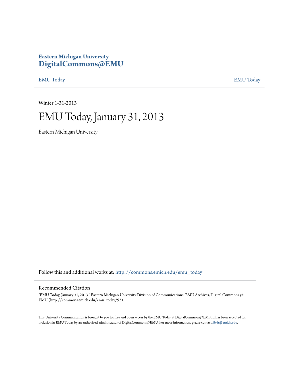 EMU Today, January 31, 2013 Eastern Michigan University