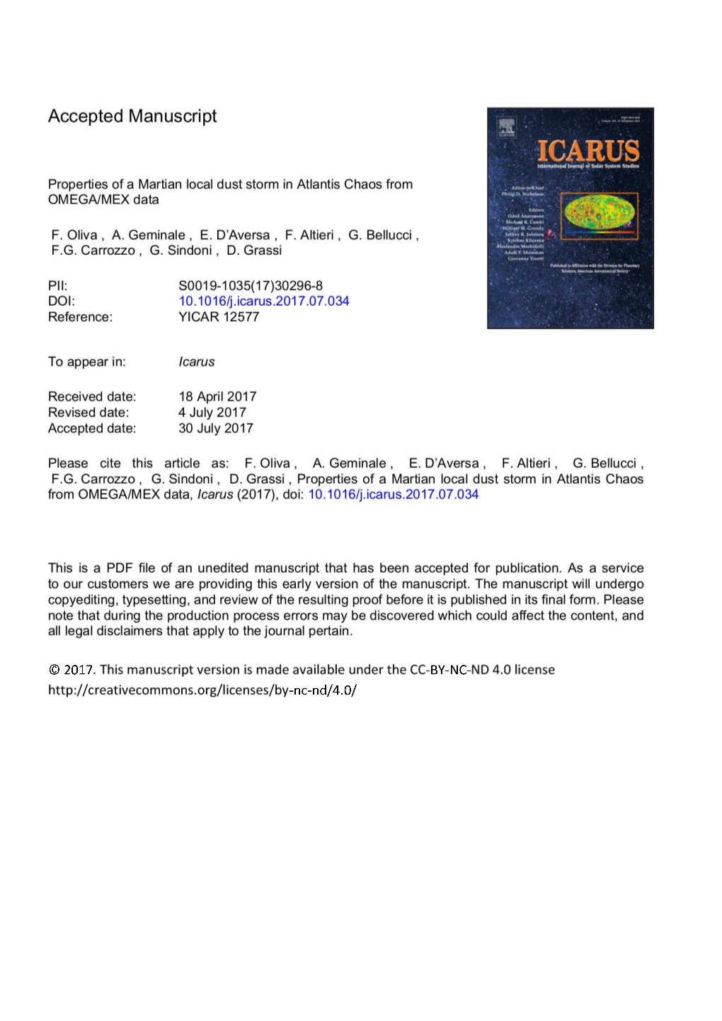 Properties of a Martian Local Dust Storm in Atlantis Chaos from OMEGA/MEX Data