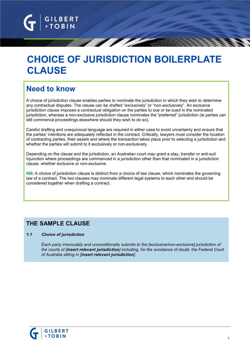 CHOICE of JURISDICTION BOILERPLATE CLAUSE Need To