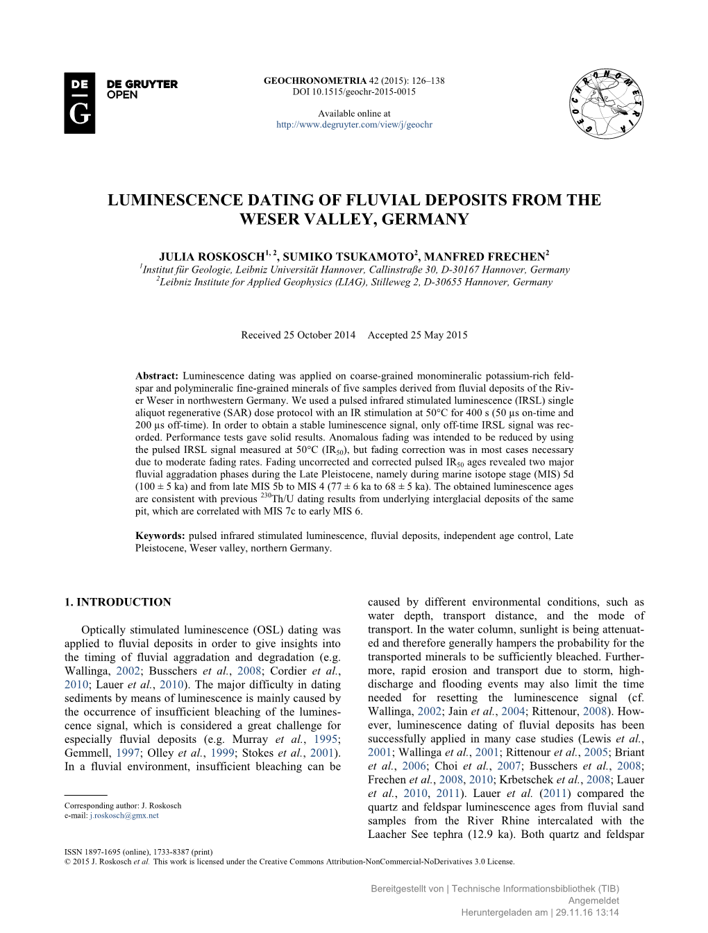 Luminescence Dating of Fluvial Deposits from the Weser Valley, Germany