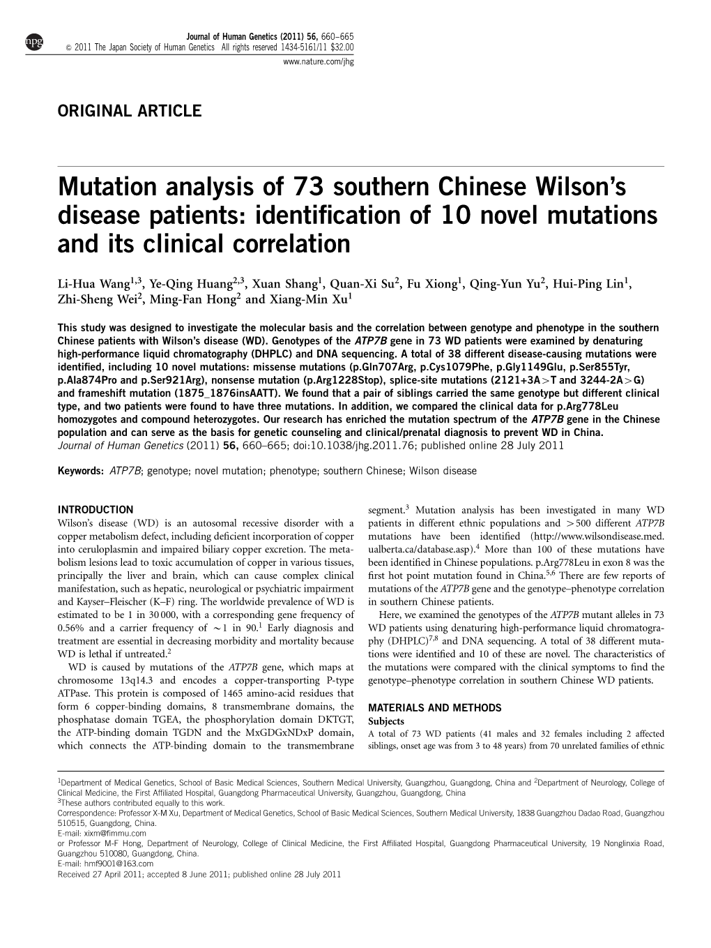 Mutation Analysis of 73 Southern Chinese Wilson&Apos;S