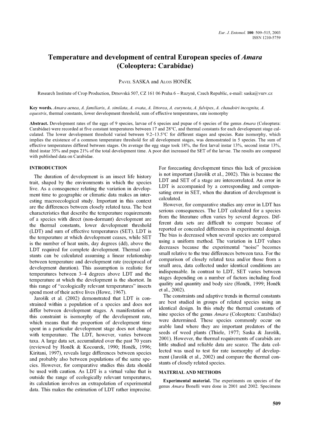 Temperature and Development of Central European Species of Amara (Coleoptera: Carabidae)