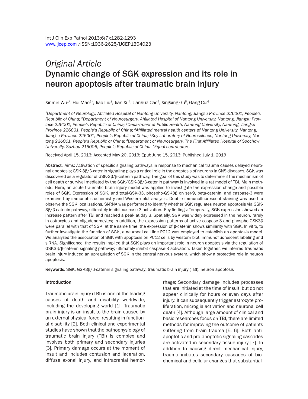 Original Article Dynamic Change of SGK Expression and Its Role in Neuron Apoptosis After Traumatic Brain Injury