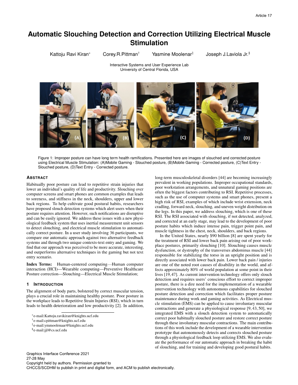 Automatic Slouching Detection and Correction Utilizing Electrical Muscle Stimulation