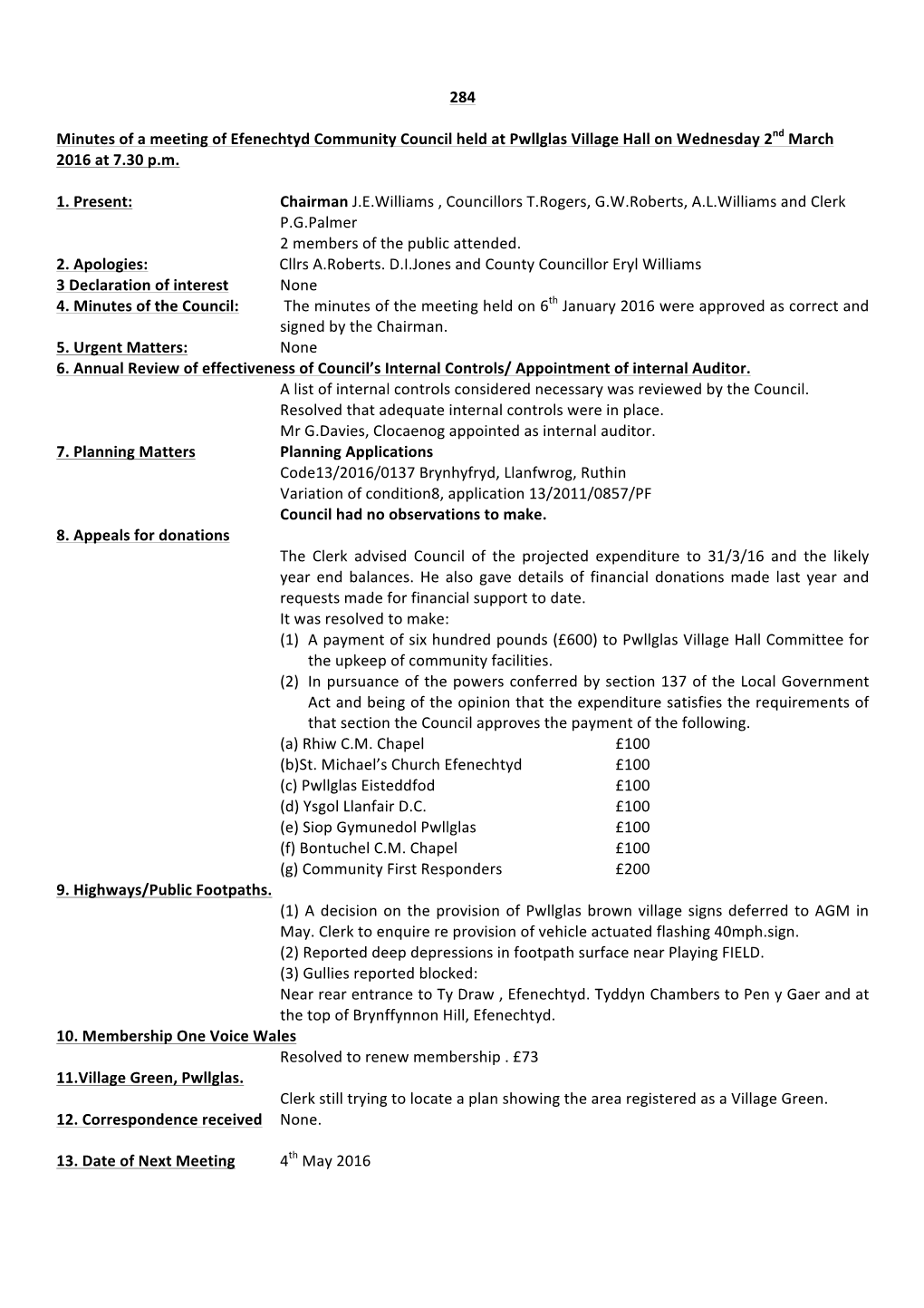 284 Minutes of a Meeting of Efenechtyd Community Council