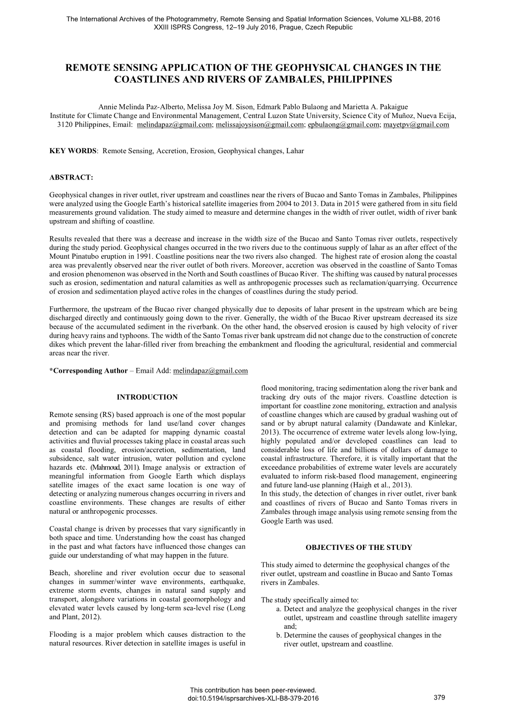 Remote Sensing Application of the Geophysical Changes in the Coastlines and Rivers of Zambales, Philippines