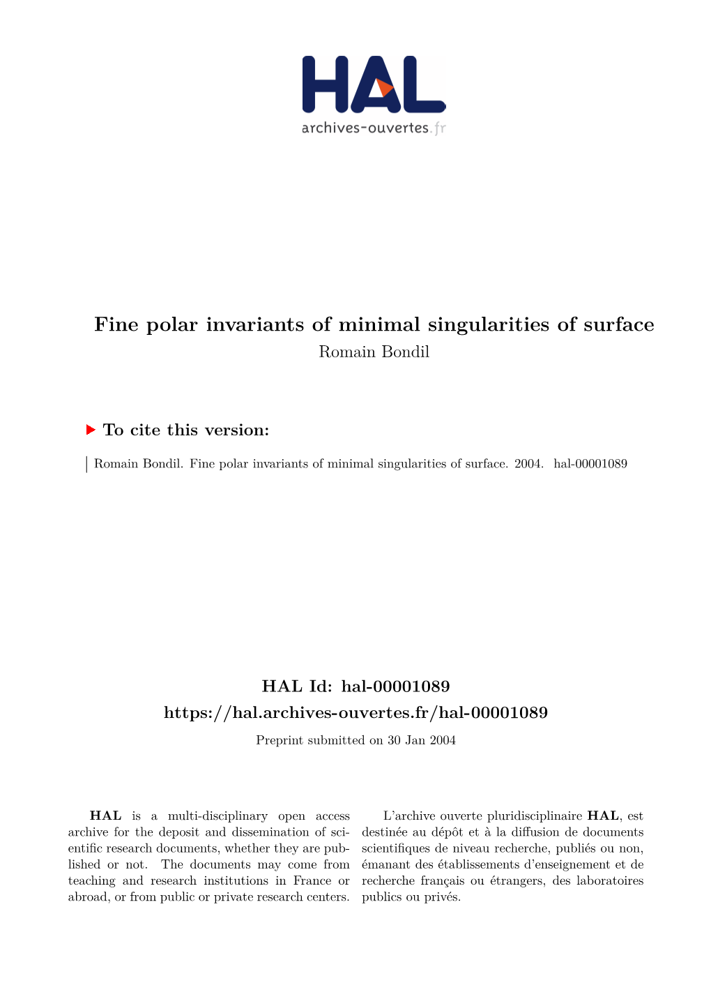 Fine Polar Invariants of Minimal Singularities of Surface Romain Bondil