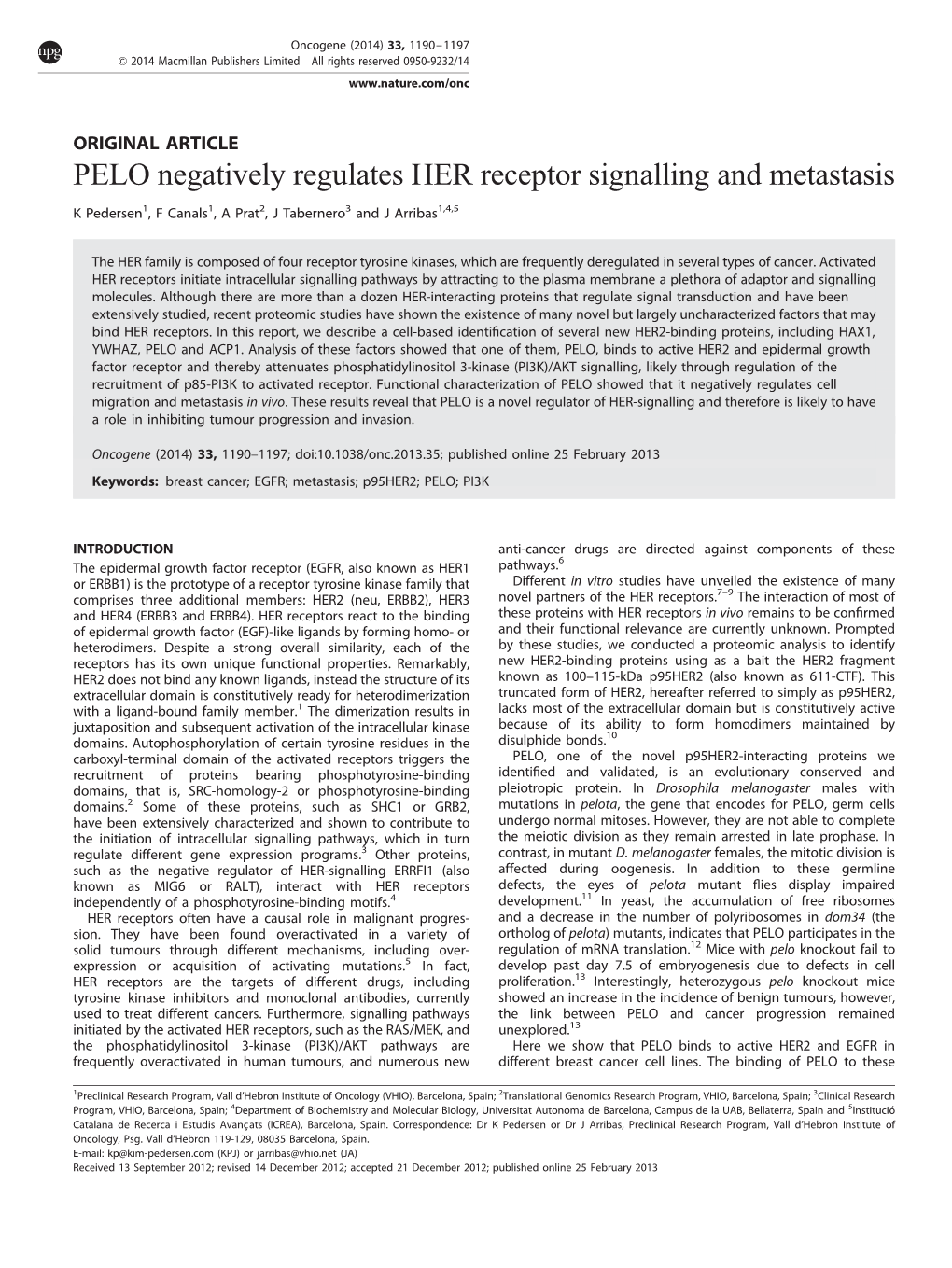 PELO Negatively Regulates HER Receptor Signalling and Metastasis