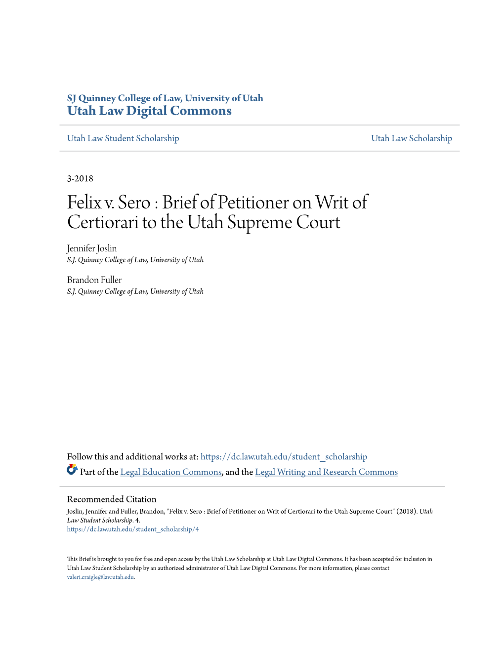 Brief of Petitioner on Writ of Certiorari to the Utah Supreme Court Jennifer Joslin S.J