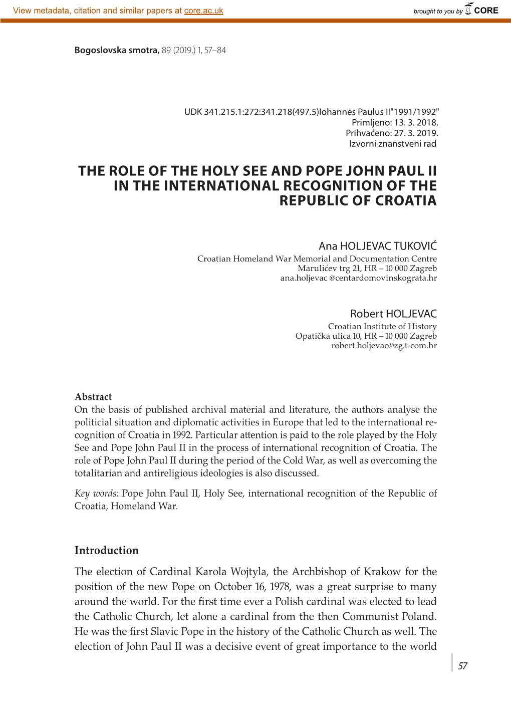The Role of the Holy See and Pope John Paul II in the International Recognition of the Republic of Croatia