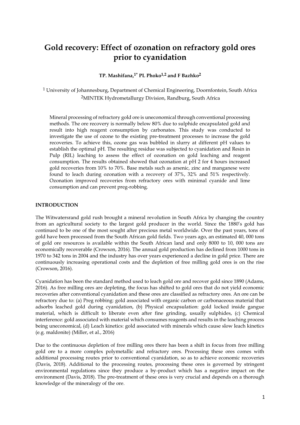 Gold Recovery: Effect of Ozonation on Refractory Gold Ores Prior to Cyanidation