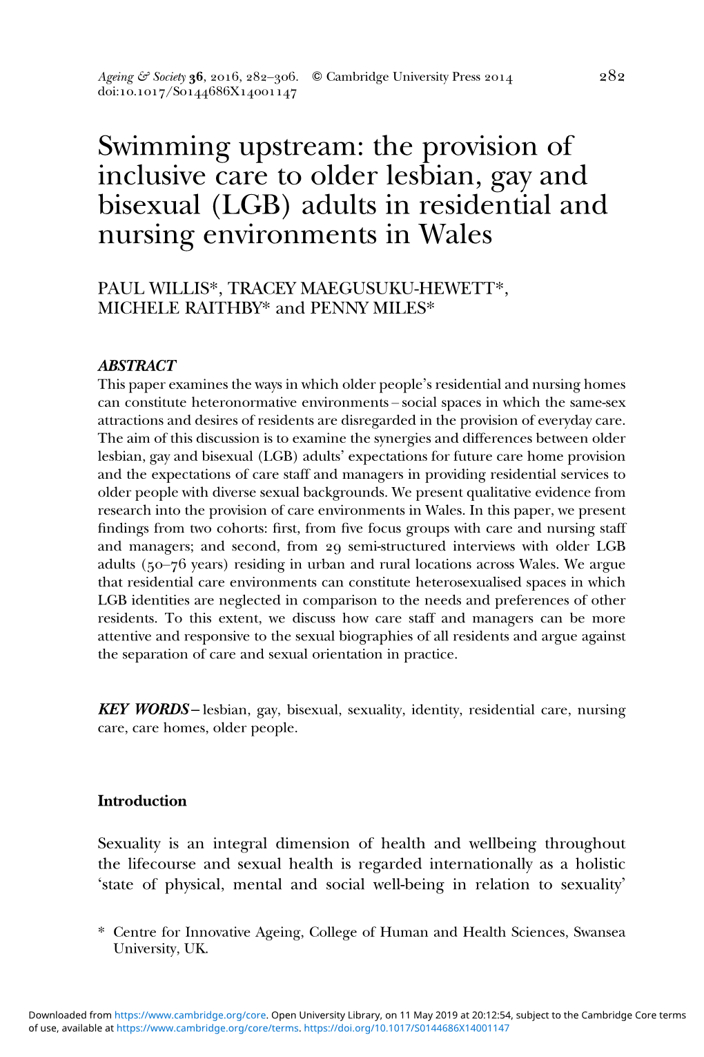Swimming Upstream: the Provision of Inclusive Care to Older Lesbian, Gay and Bisexual (LGB) Adults in Residential and Nursing Environments in Wales